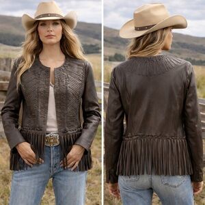 Elie Tahari Genuine Leather Brown Embellished w/ Tassels Blazer Jacket Sz. Small